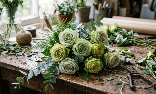 Green roses arranged with ferns and eucalyptus, symbolising renewal.