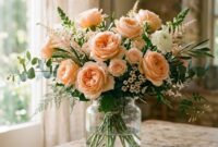peach-rose-meaning-symbolism-gifting-guide-16x9-1 Fresh bouquet of peach roses in glass vase on table
