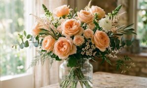 Fresh bouquet of peach roses in glass vase on table
