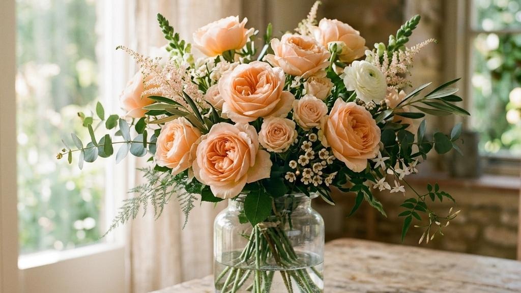 Fresh bouquet of peach roses in glass vase on table
