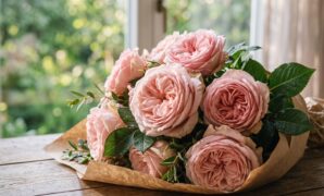 Pink Roses Meaning Soft pink roses bouquet, symbolising gratitude, grace and gentle love.