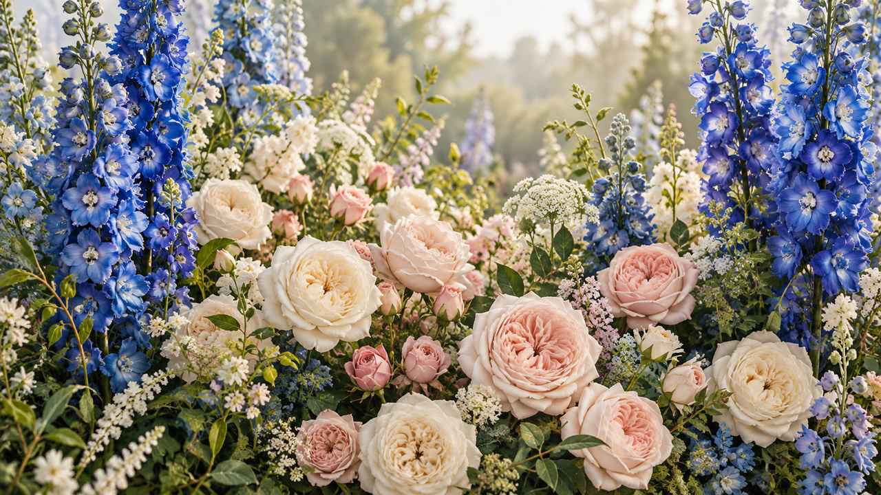 Pairing Roses with Deep Blue Delphinium: Stately Height and Dreamy Contrasts