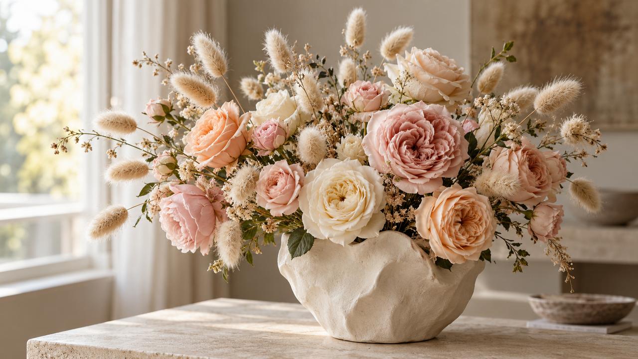 Pairing Roses with Dried Bunny Tails (Lagurus): Soft Playful Tactile Charm