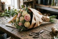 Mixed pink and white roses bouquet Pink and white roses tied in kraft paper on a florist's bench.