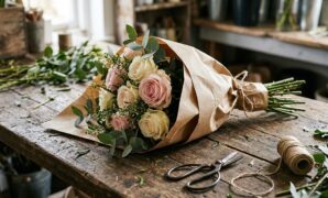 Pink and white roses tied in kraft paper on a florist's bench.