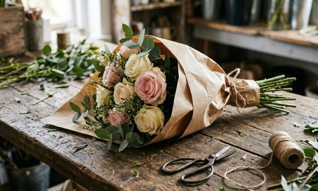Pink and white roses tied in kraft paper on a florist's bench.