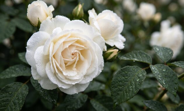 White roses with dew drops, symbolising purity, new beginnings and remembrance.