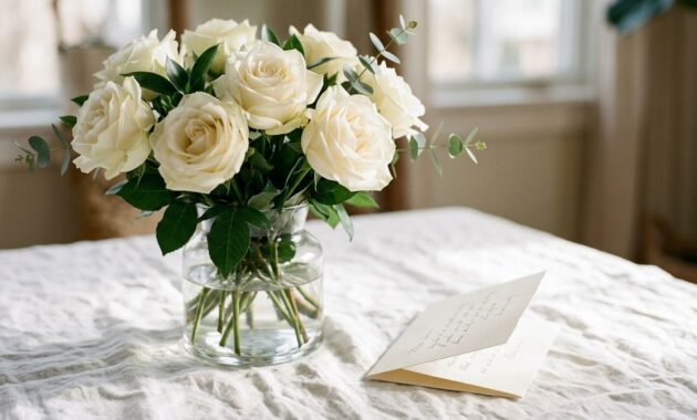 White roses in a clear glass vase beside a handwritten note.